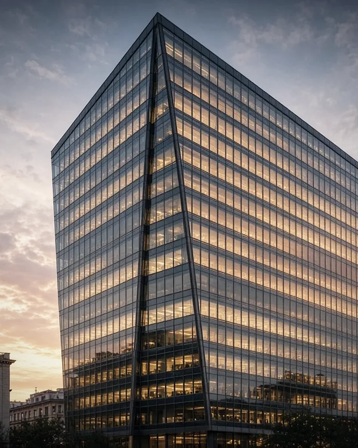 Edificio de oficinas acristalado al atardecer