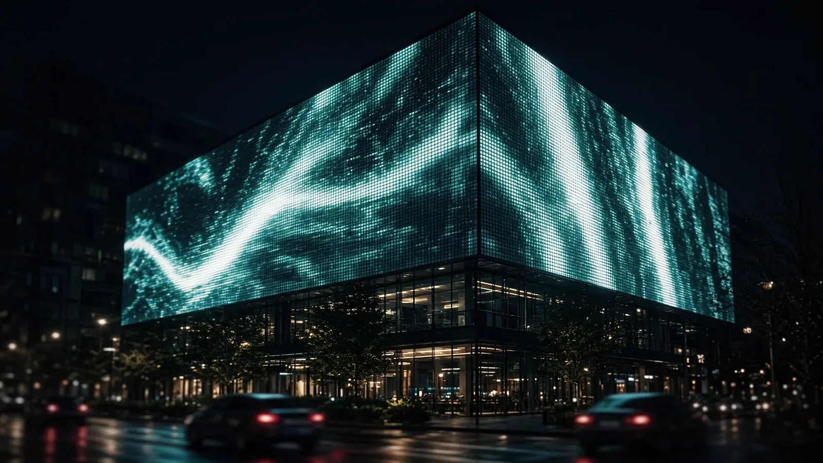 Fachada de edificio cubierta por una pantalla luminosa