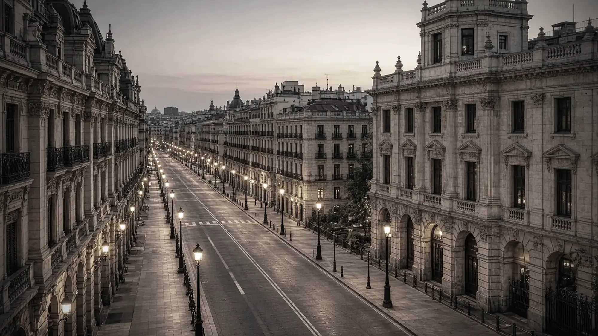 Gran avenida con edificios antiguos al atardecer