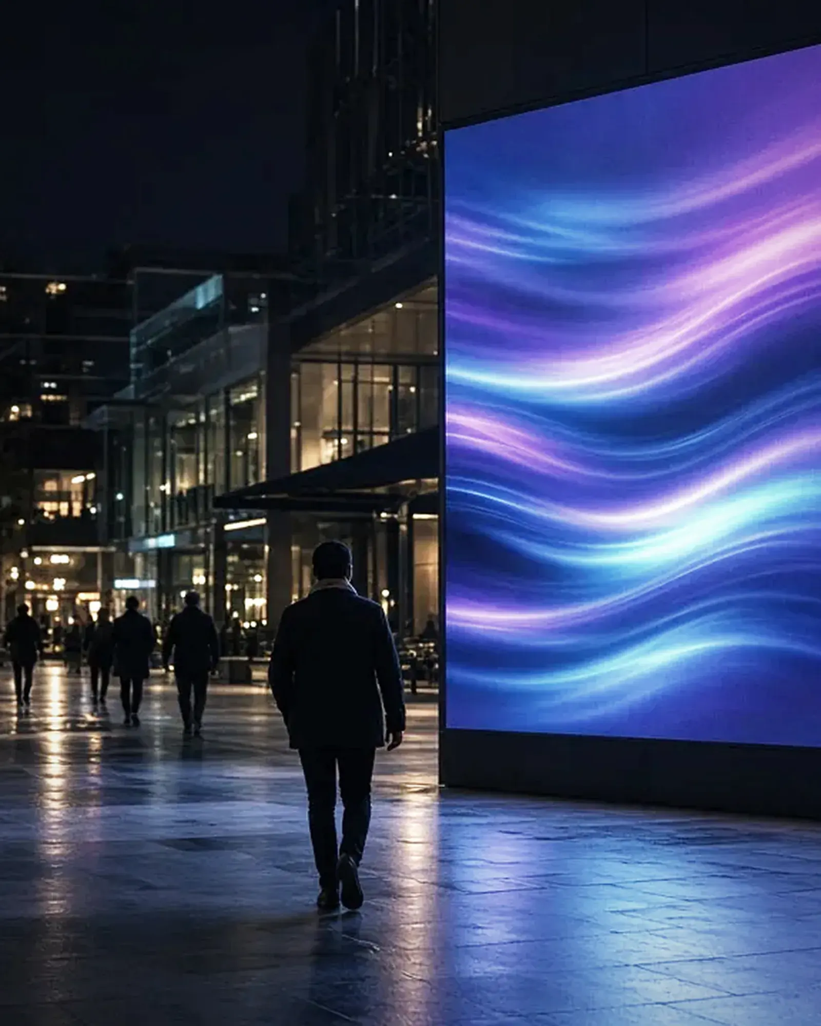 Persona caminando ante una gran pantalla luminosa de noche