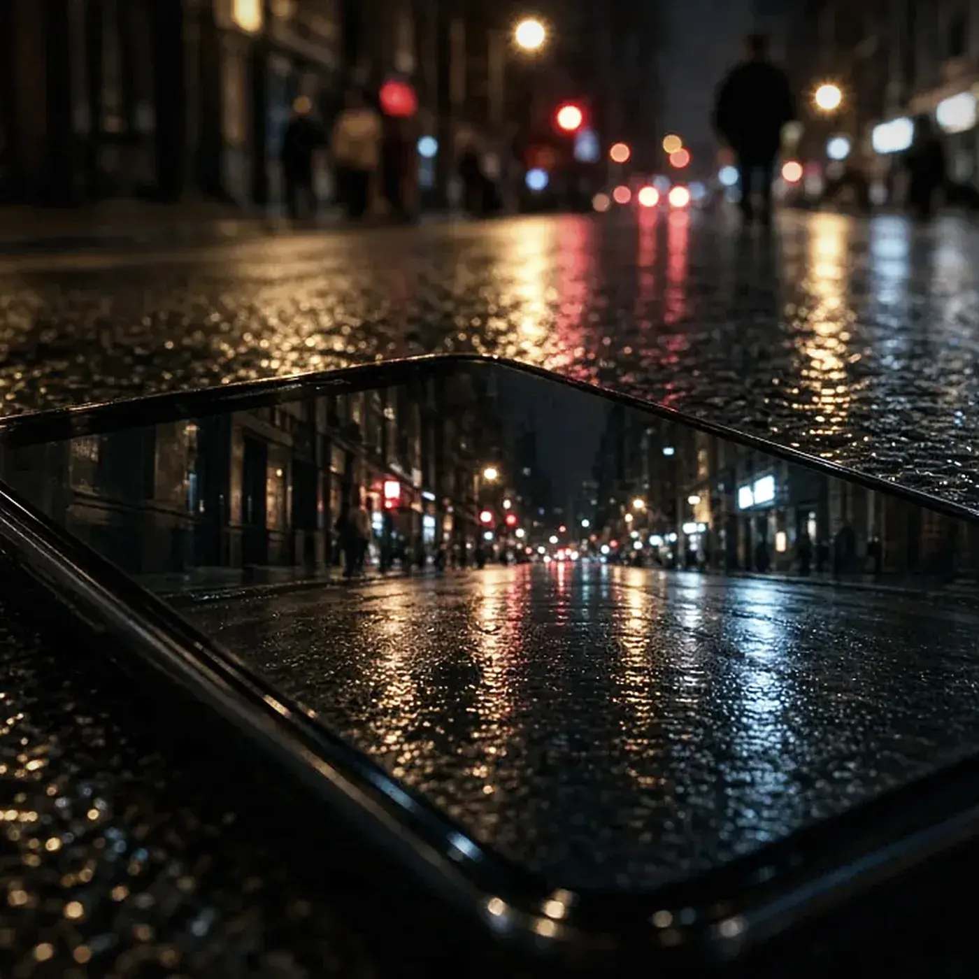 Calle mojada de noche con reflejos de luz