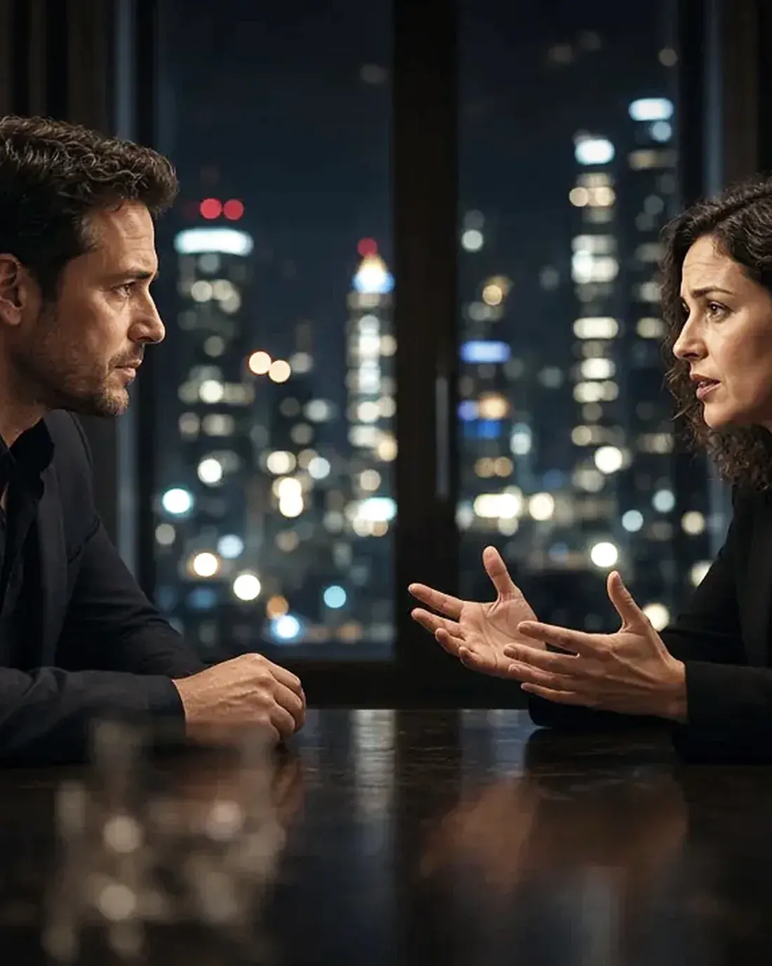 Dos personas conversando con la ciudad de noche al fondo