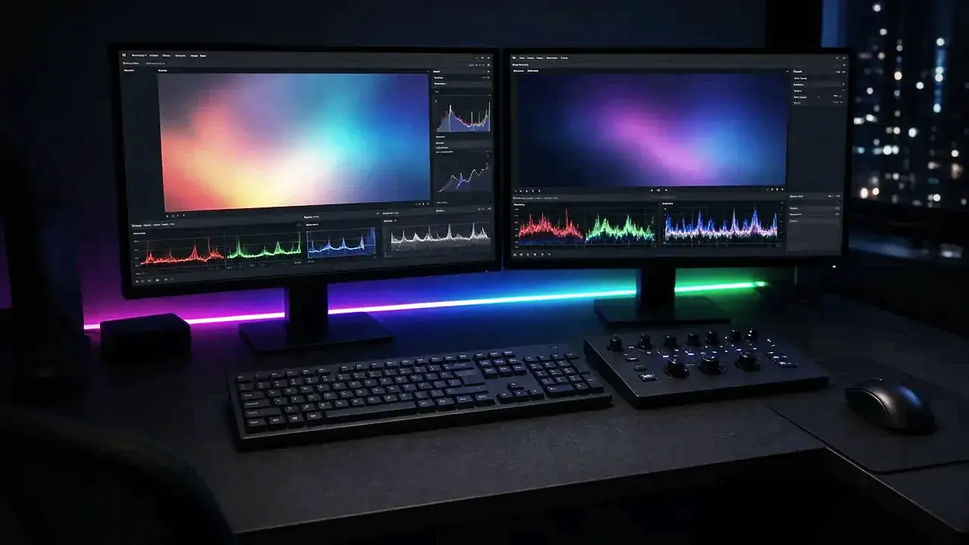 Puesto de trabajo con dos pantallas y un teclado retroiluminado