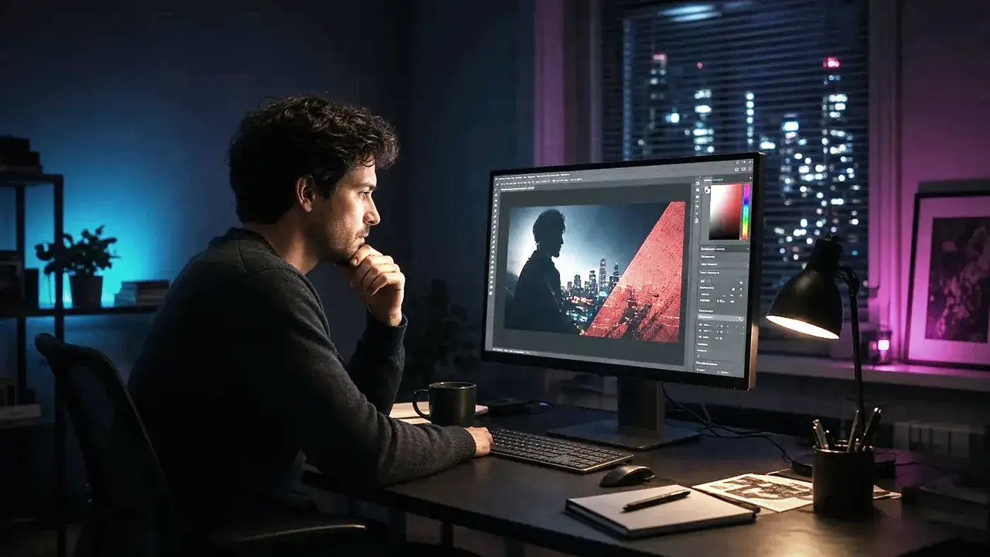 Persona ante una pantalla en una oficina iluminada con neones