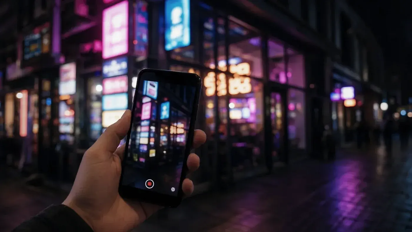 Teléfono en la mano frente a escaparates iluminados