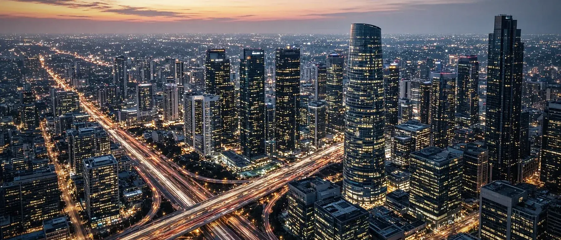 Vista aérea de una ciudad y sus vías rápidas al atardecer