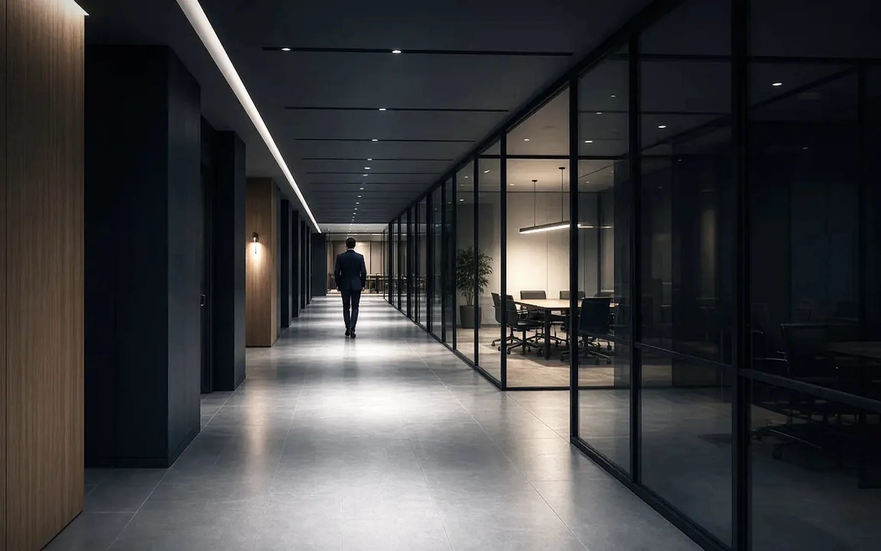 Distrito de oficinas de noche con las fachadas iluminadas