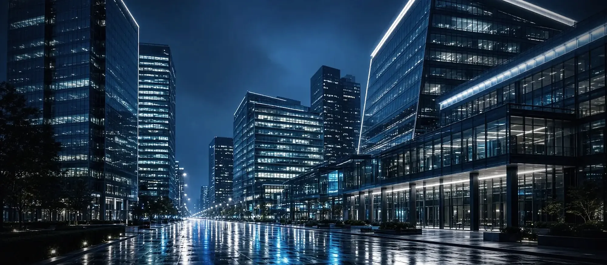 Edificios de oficinas de noche después de la lluvia