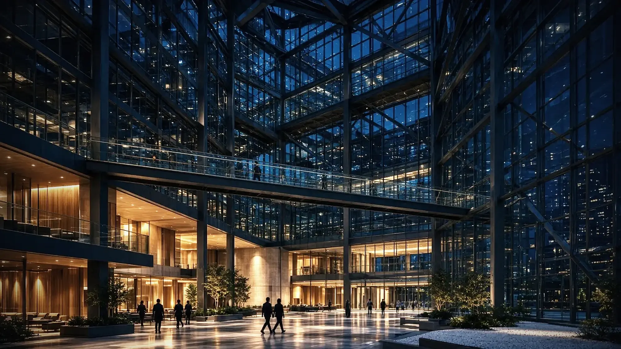 Atrio de un edificio de oficinas iluminado de noche