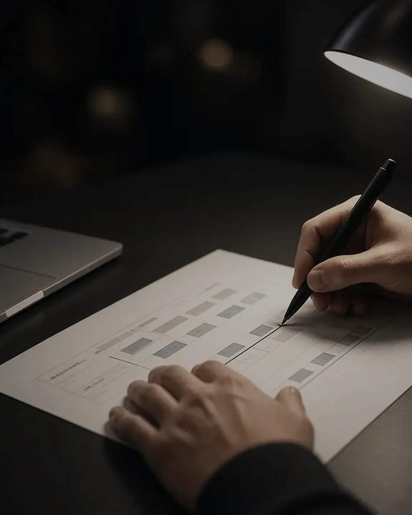 Main qui annote un document sous une lampe