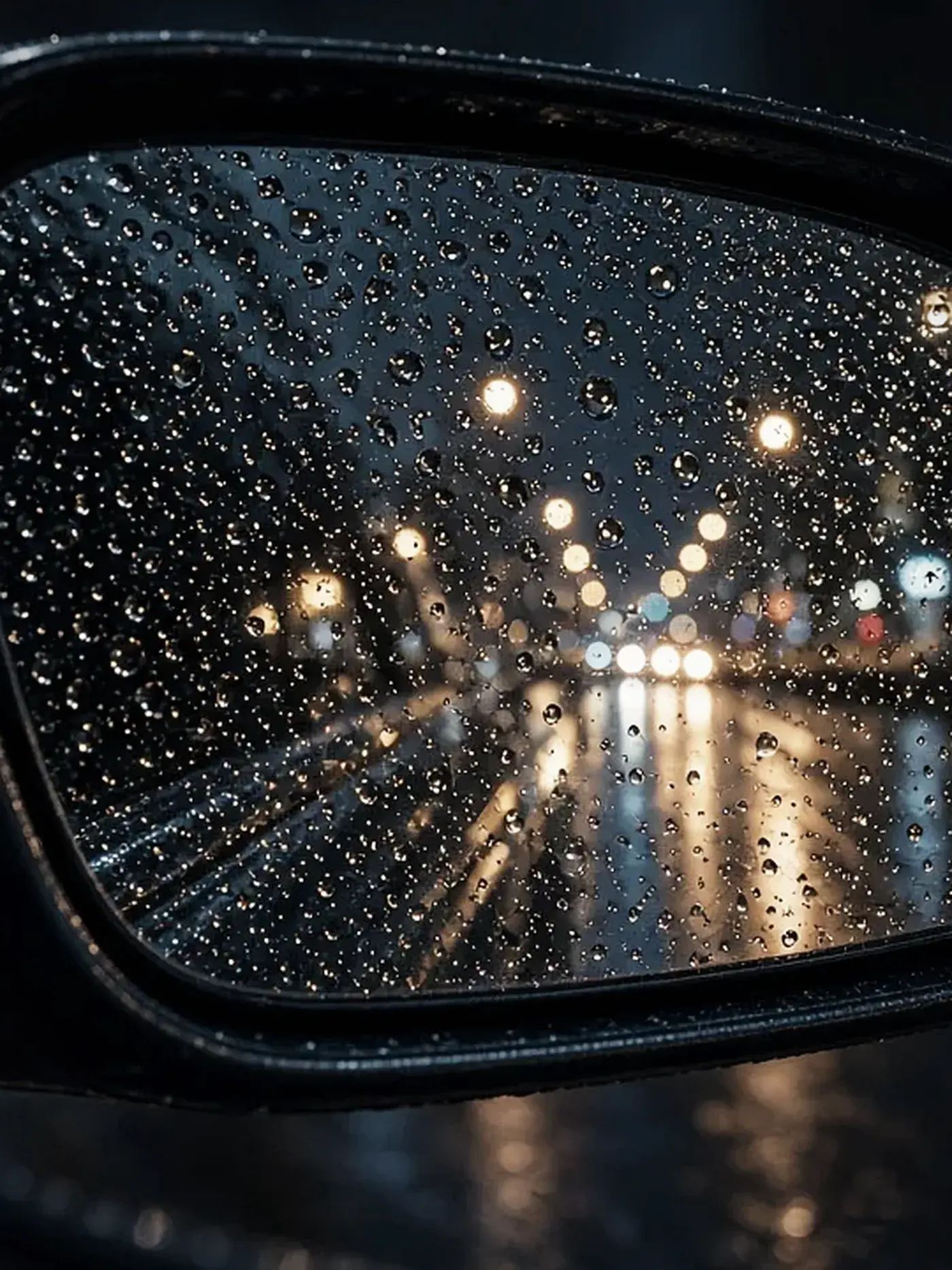 Retrovisor cubierto de lluvia con las luces de la ciudad