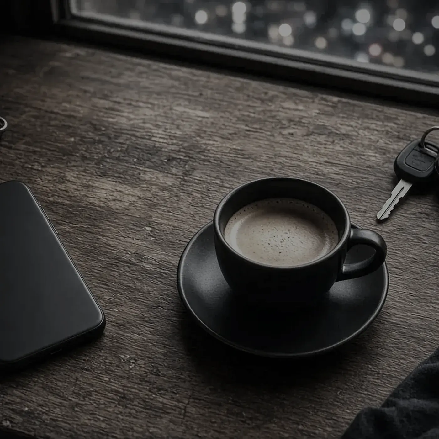 Taza, llave de coche y ordenador sobre una mesa