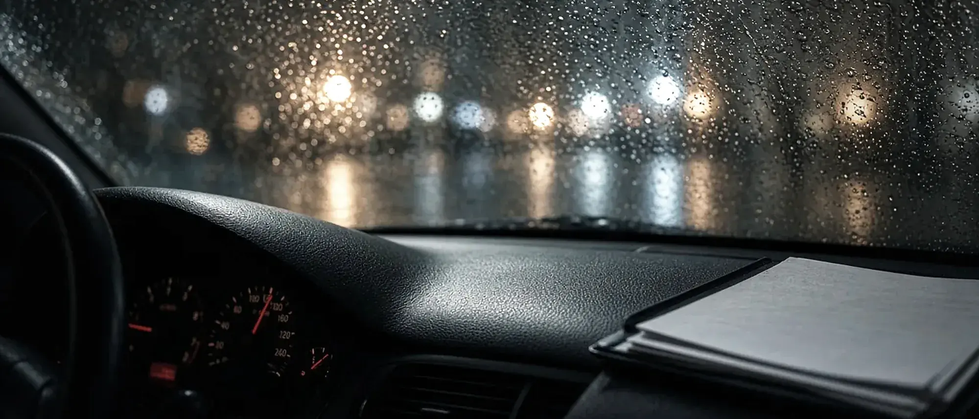 Habitáculo de un vehículo de noche bajo la lluvia
