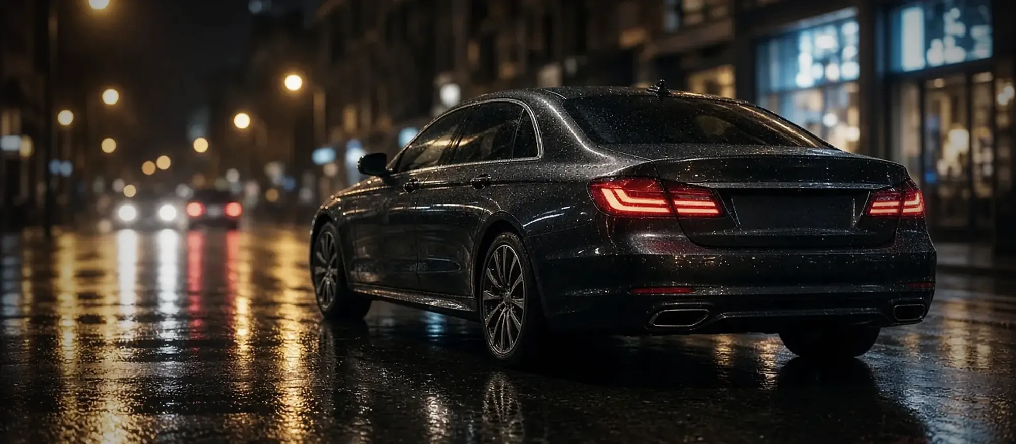 Berlina oscura sobre una calzada mojada de noche